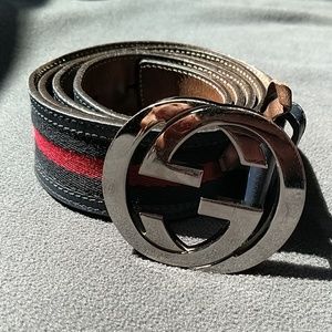 GUCCI Men's Belt GG Buckle Red Navy Leather